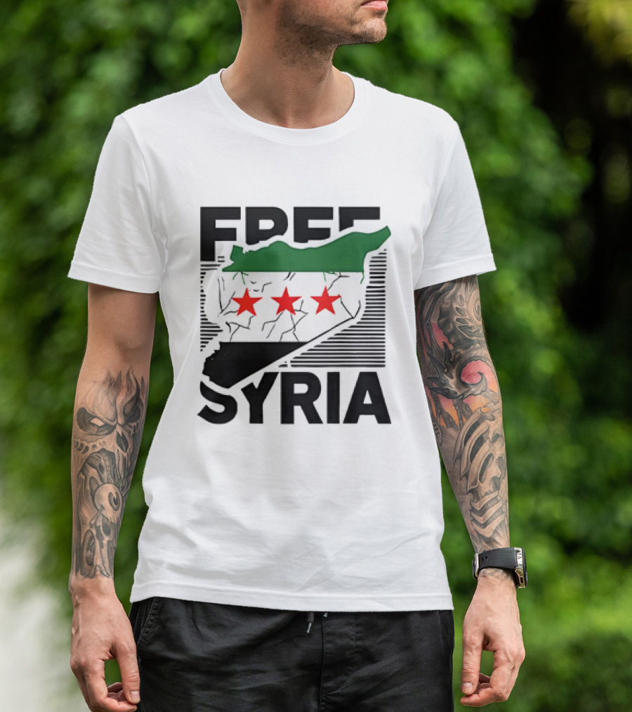 Free Syria Map With Flag Stripes And Red Stars T-Shirt