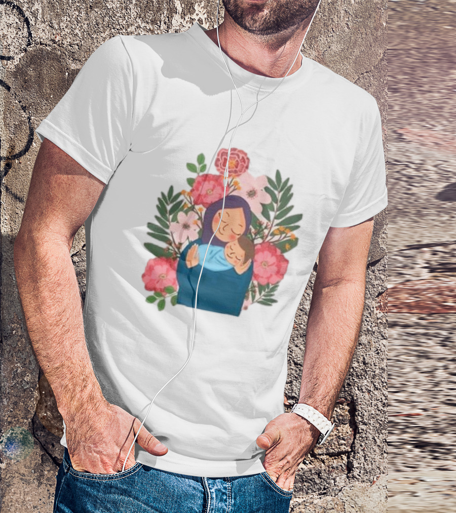 Mom And New Baby Boy Mother's Day Paint Floral Embrace T-Shirt