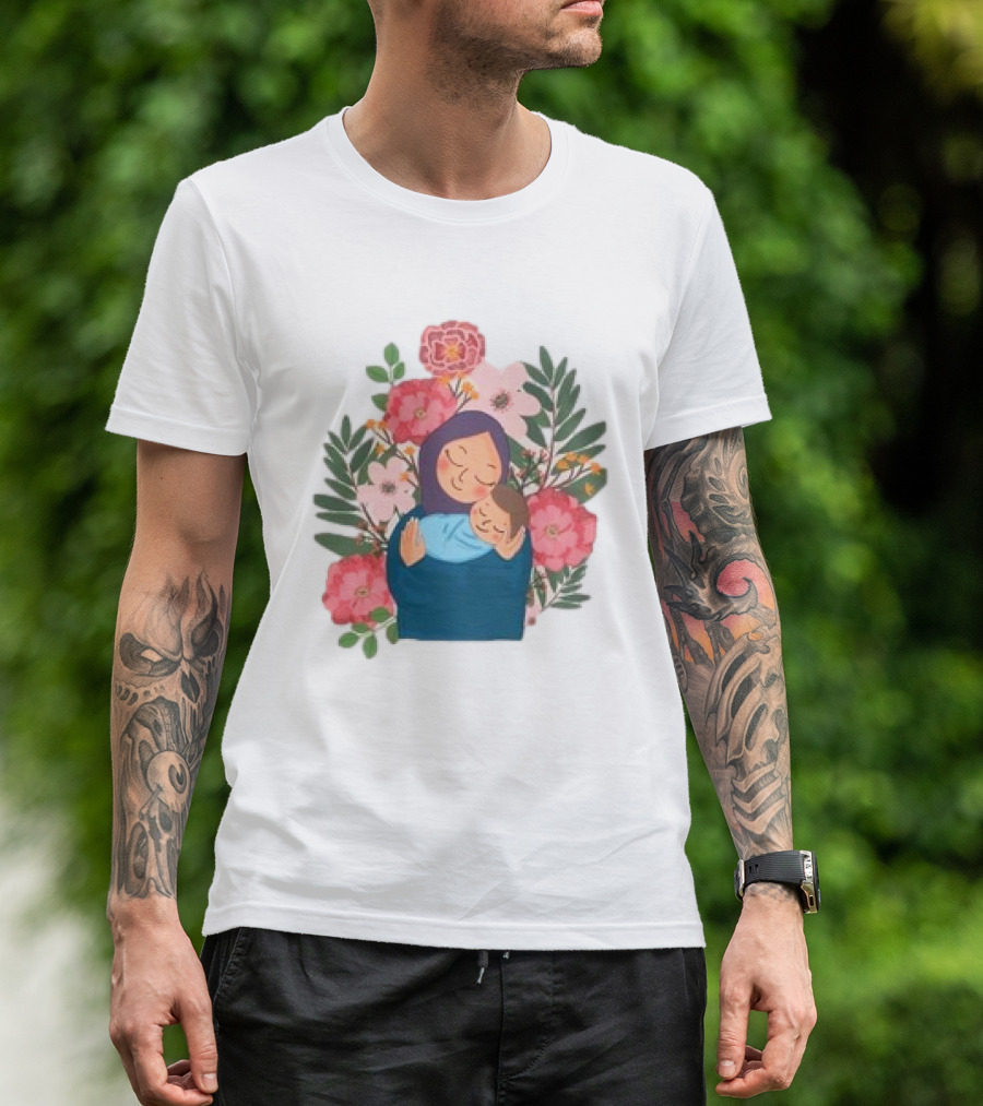Mom And New Baby Boy Mother's Day Paint Floral Embrace T-Shirt