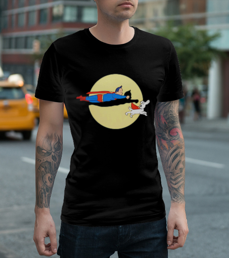 Superman and Krypto X The Adventures of Tintin Super Tintin Flying Duo Moon Background T-Shirt