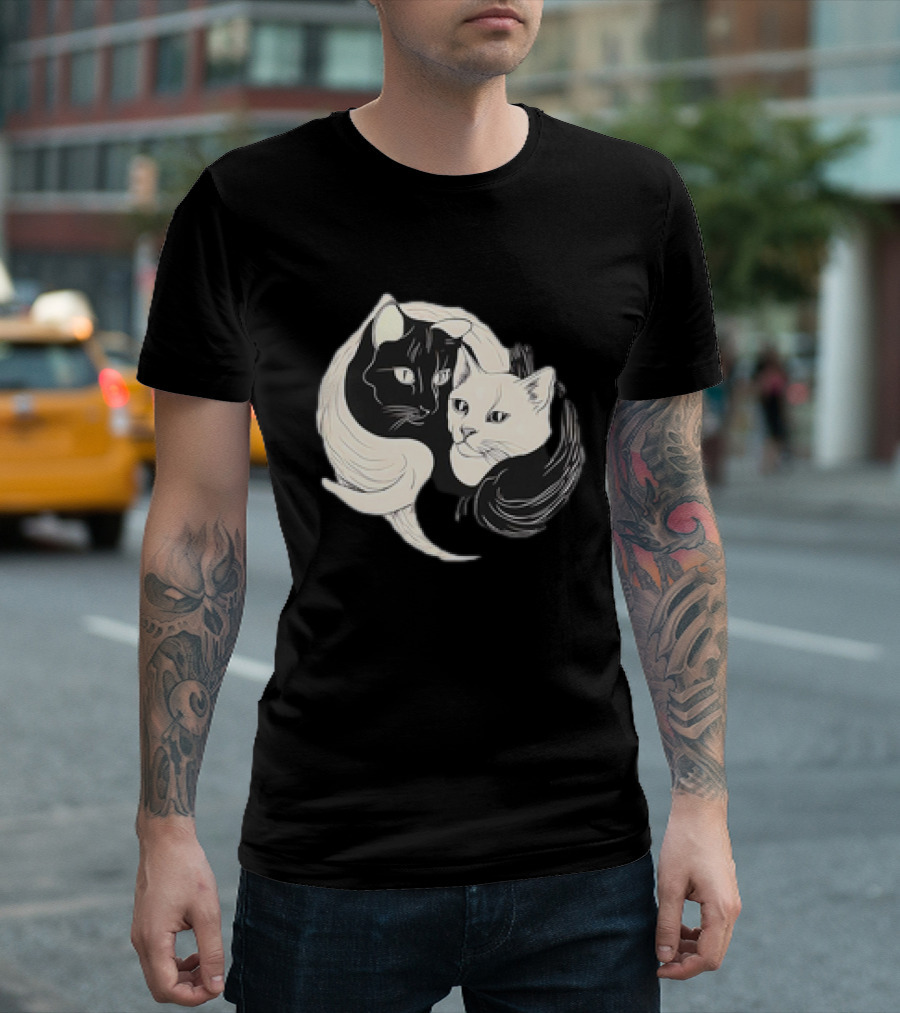 Yin Yang Cats Black and White Circle Harmony T-Shirt
