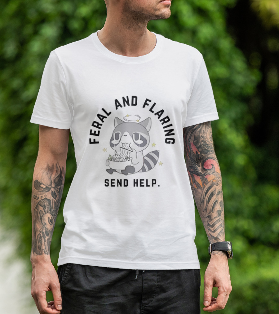 Feral And Flaring Raccoon Send Help Eating Noodles T-Shirt