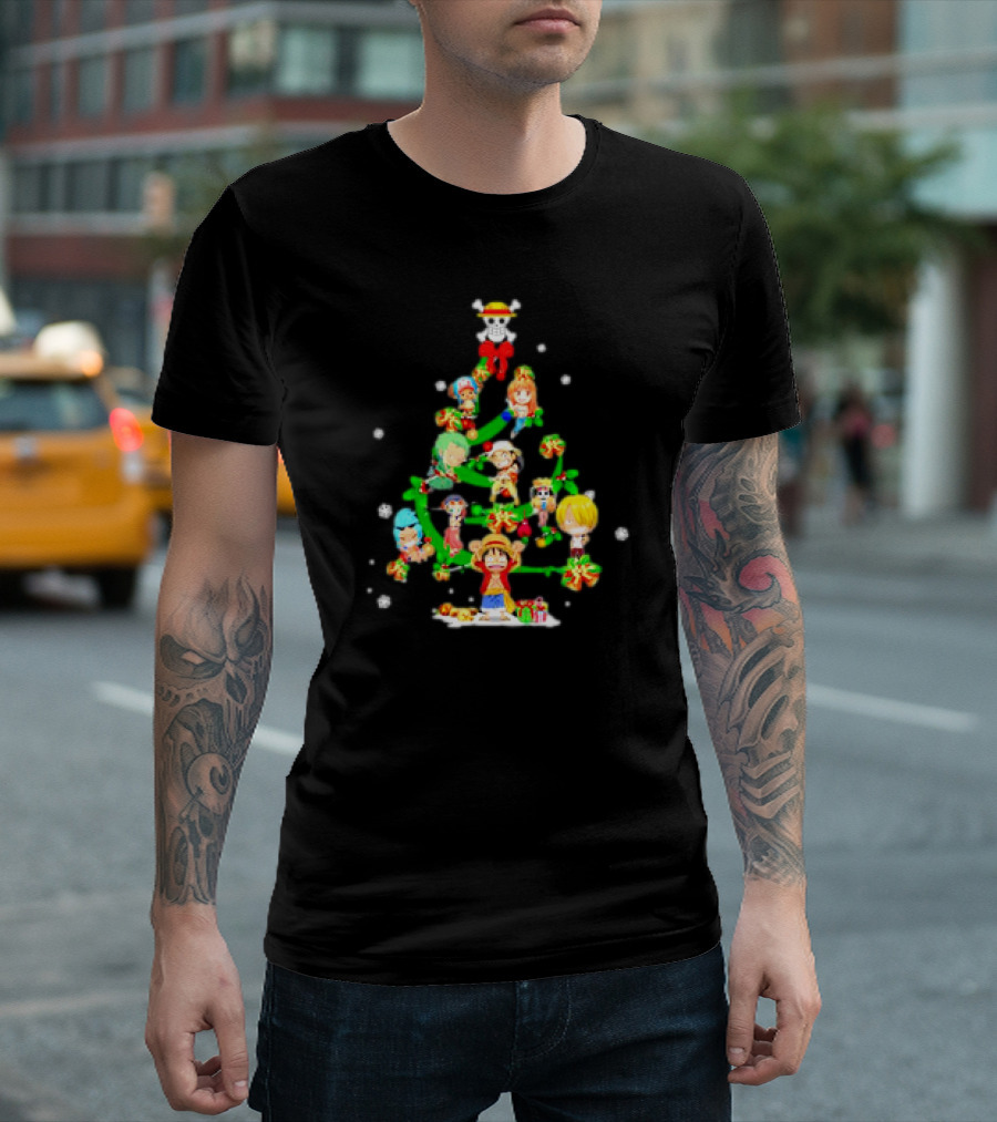 One Piece Chibi Characters Decorate Christmas Tree with Straw Hat Skull Topper T-Shirt
