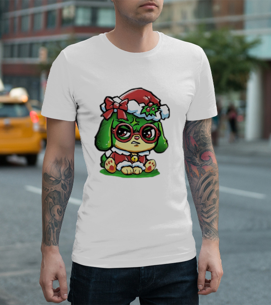 Grumpy Dog in Santa Hat with Holly and Bow for Christmas Holiday T-Shirt