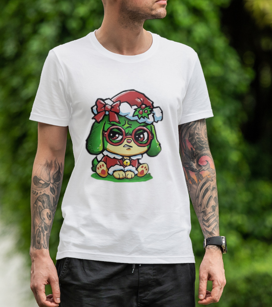 Grumpy Dog In Santa Hat With Holly And Bow For Christmas Holiday T-Shirt