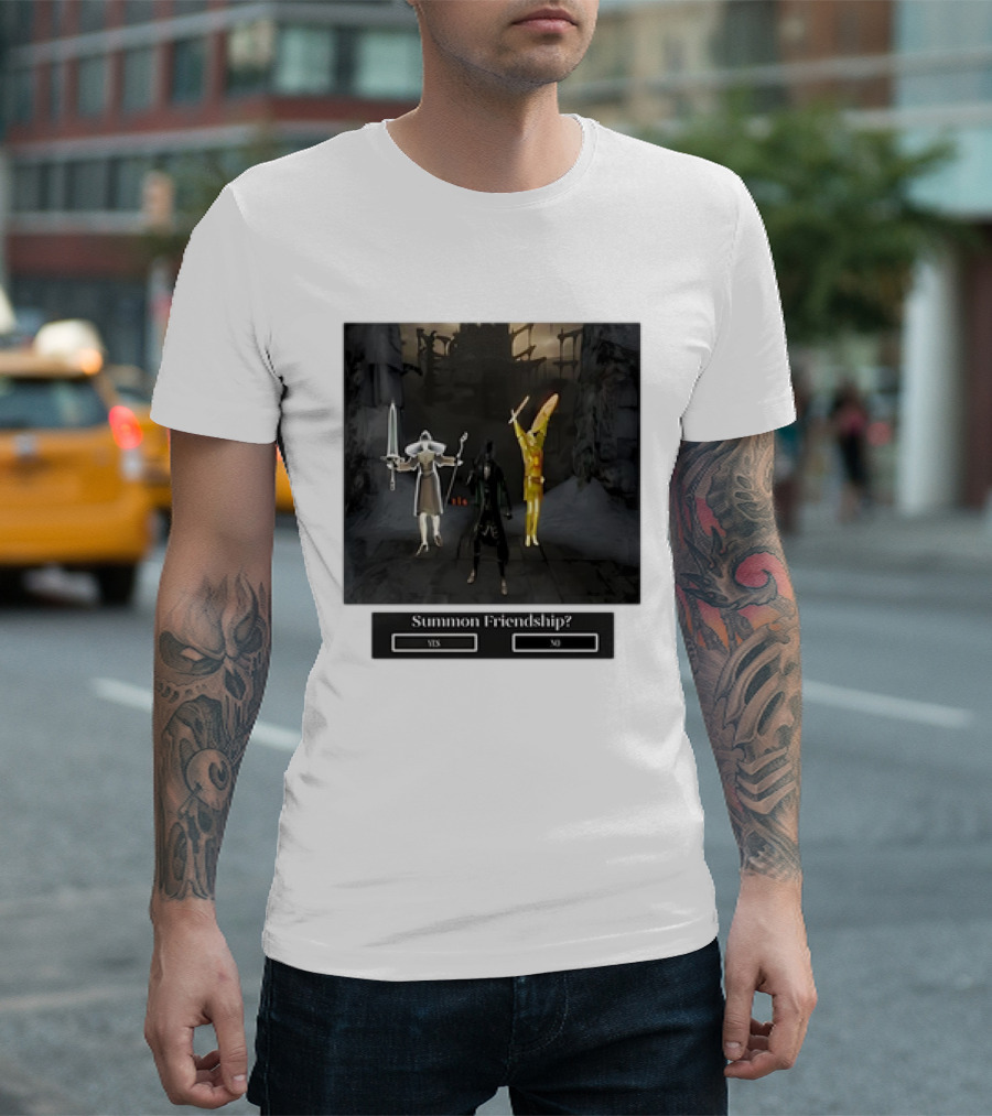 Summon Friendship? Yes No Characters with Swords and Wings T-Shirt