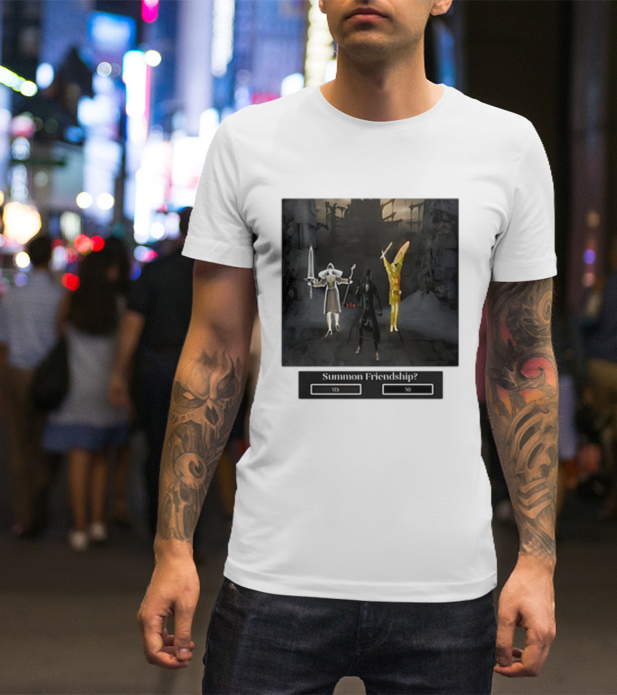Summon Friendship? Yes No Characters With Swords And Wings T-Shirt