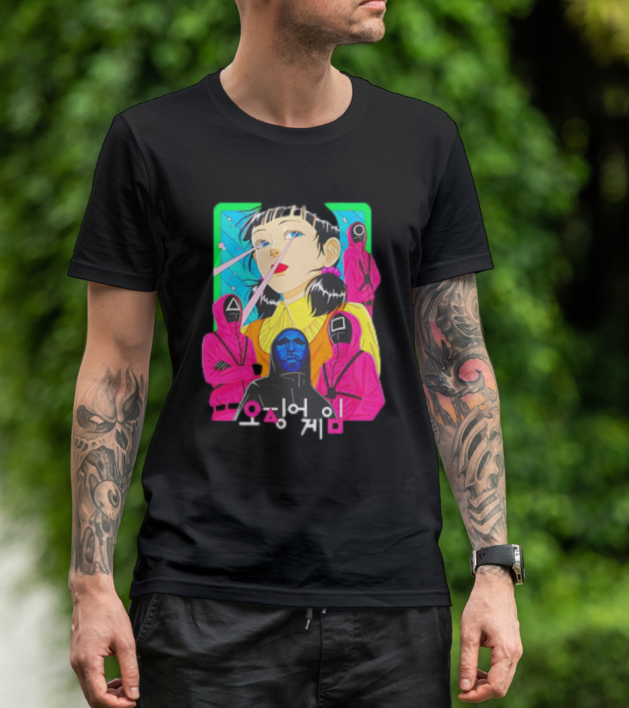 Squid Game 오징어 게임 Pink Soldier Characters And Doll T-Shirt