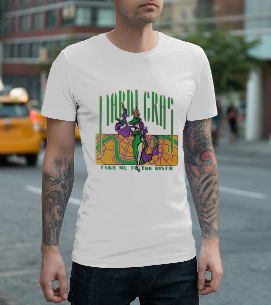 Mardi Gras Masked Dancer Take Me To The River With Map Background T-Shirt