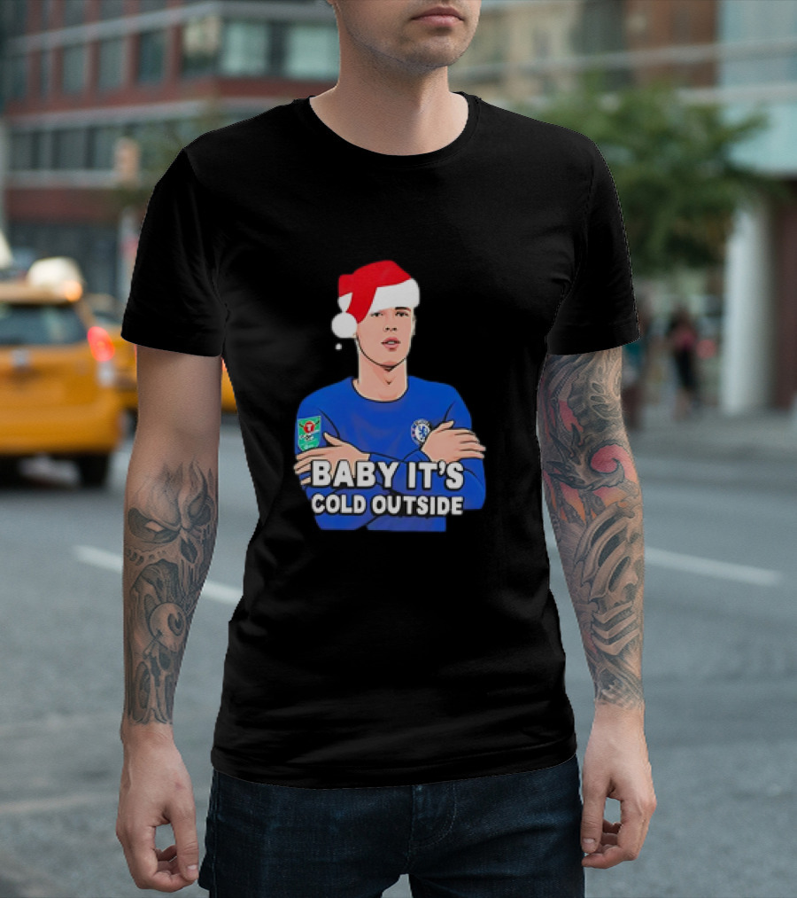 Baby It's Cold Outside Santa Hat Footballer In Blue T-Shirt