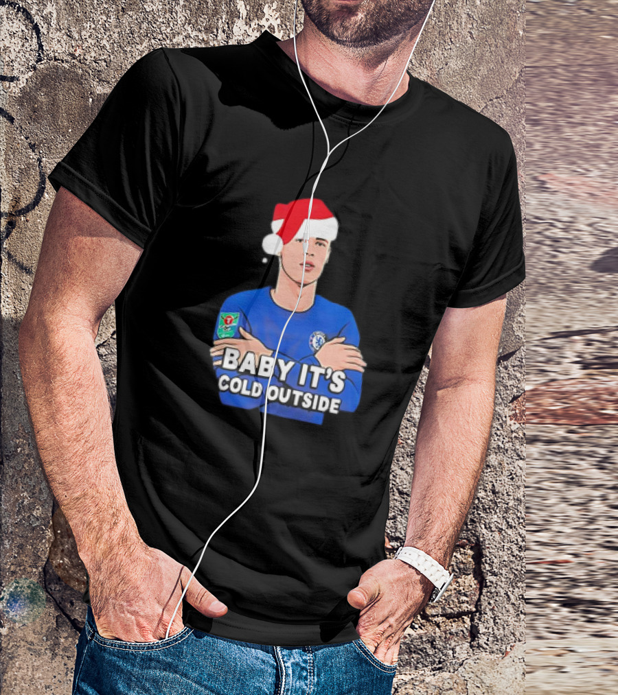 Baby It's Cold Outside Santa Hat Footballer In Blue T-Shirt