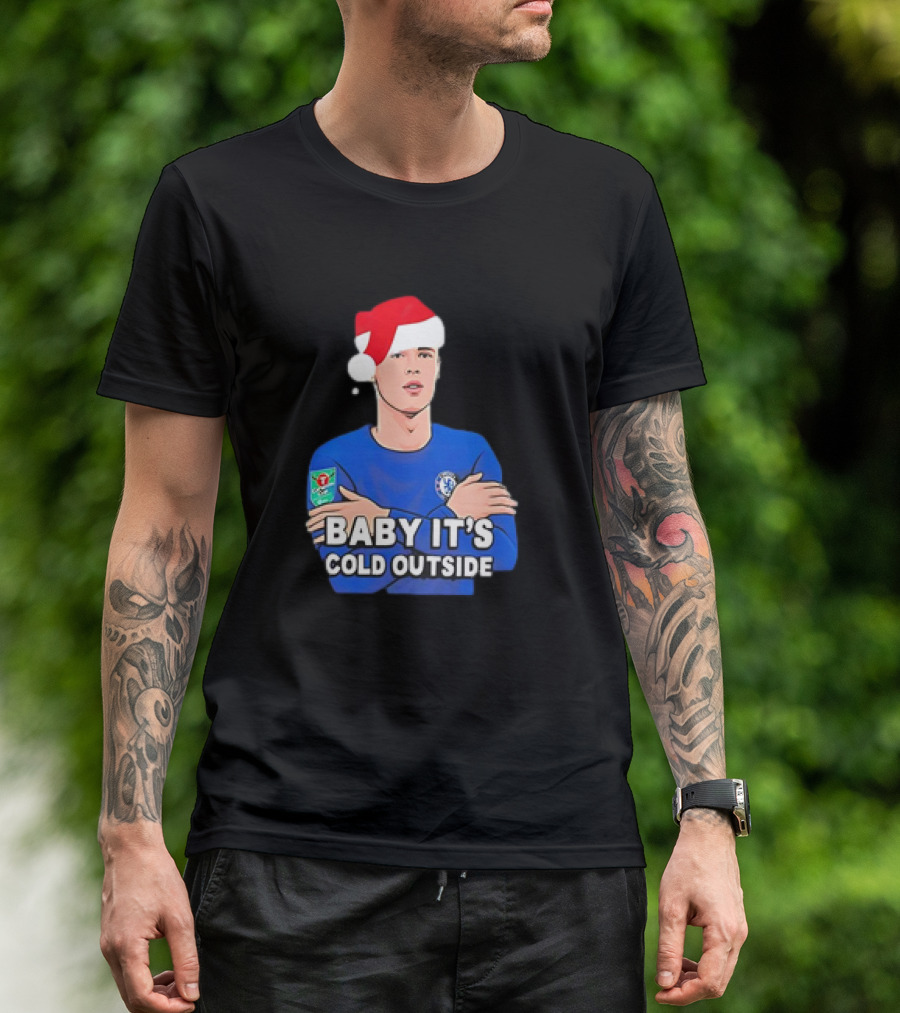 Baby It's Cold Outside Santa Hat Footballer In Blue T-Shirt