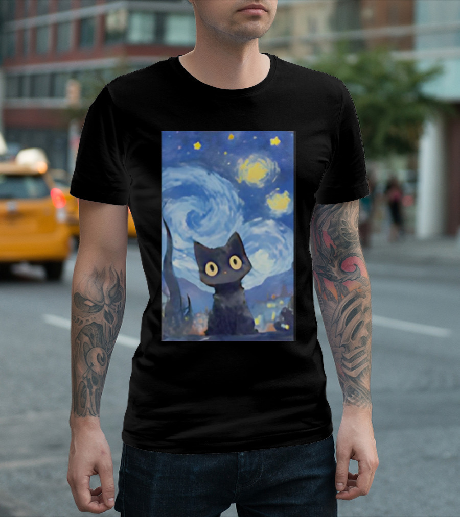 Vincent Van Gogh Starry Night Black Cat Whimsical T-Shirt