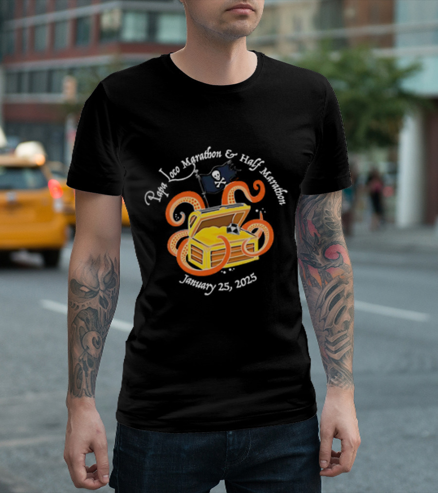 Papa Loco Marathon and Half Marathon January 25 2025 Pirate Treasure Chest with Octopus T-Shirt