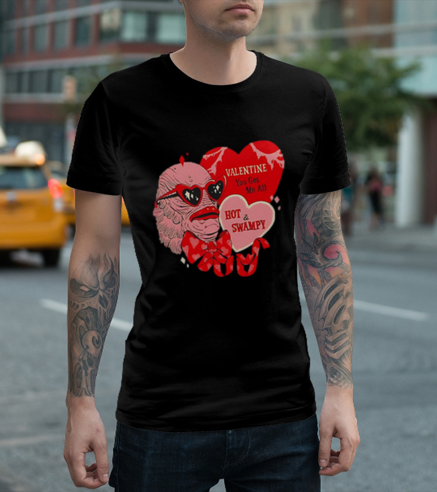 Valentine You Get Me All Hot and Swampy Heart Creature with Sunglasses and Bowtie T-Shirt