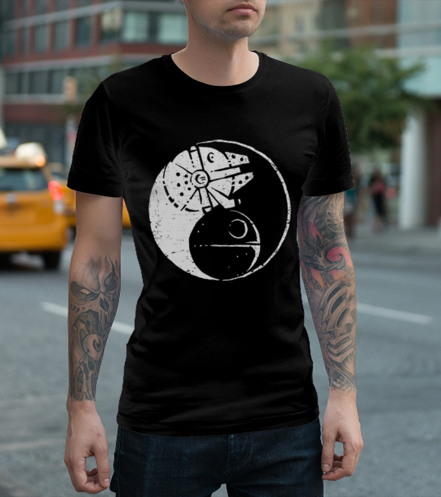 Millennium Falcon and Death Star Yin Yang Balancing The Force T-Shirt