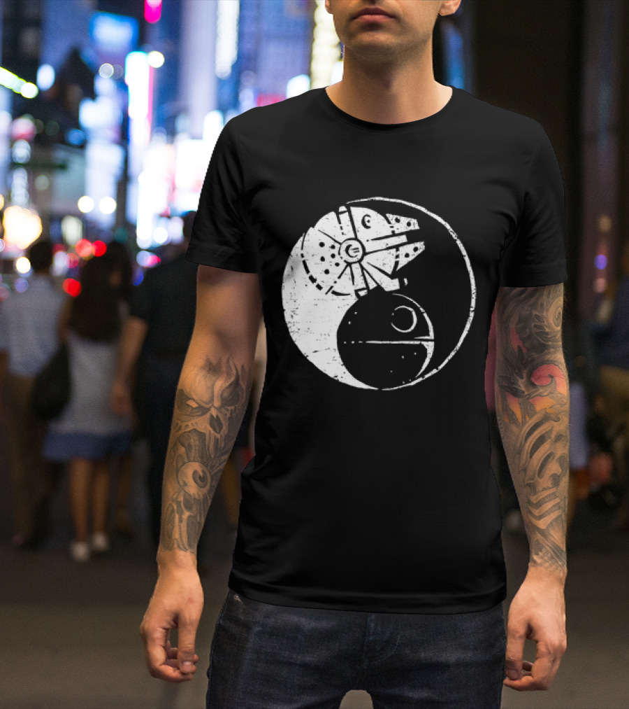 Millennium Falcon And Death Star Yin Yang Balancing The Force T-Shirt