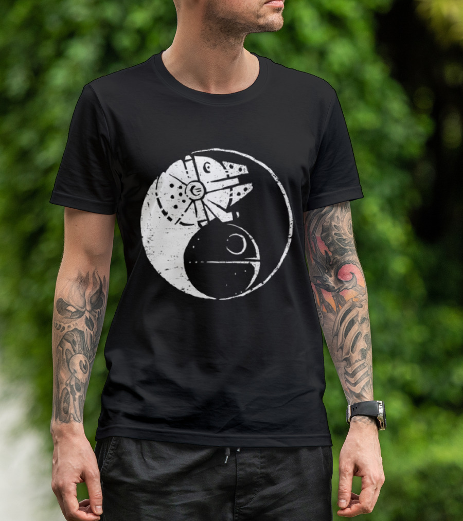 Millennium Falcon And Death Star Yin Yang Balancing The Force T-Shirt