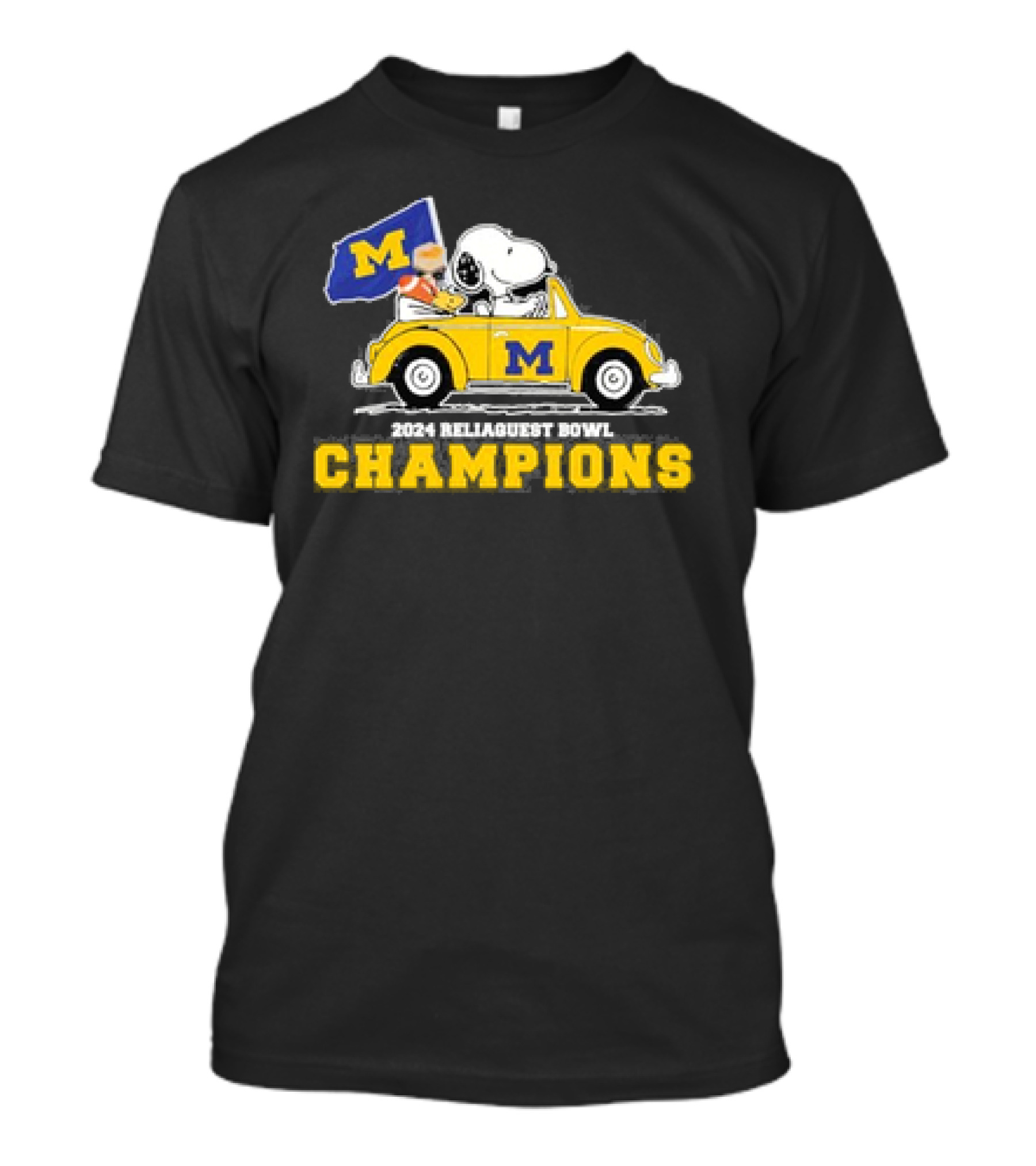 Peanuts Snoopy And Woodstock On Car Michigan Wolverines 2024 Reliaquest Bowl Champions M Flag T-Shirt