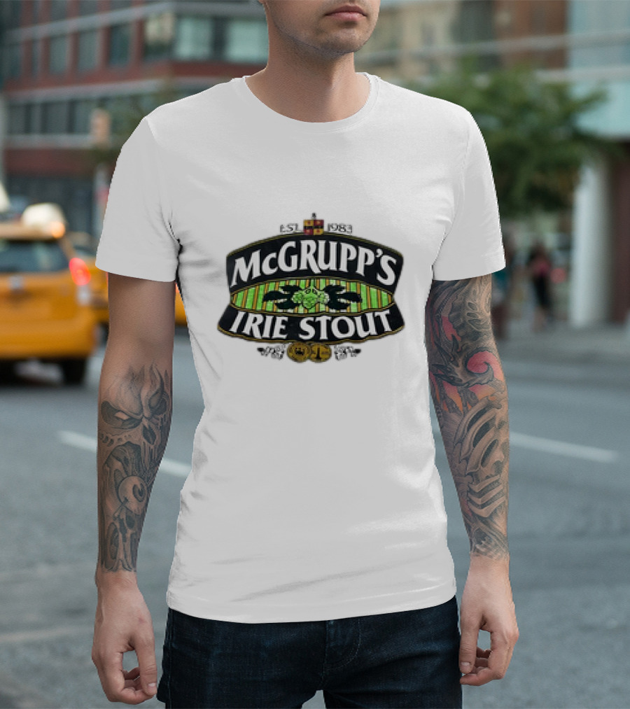 McGrupp's Irie Stout Est 1983 Logo With Green Striped Background And Emblem T-Shirt