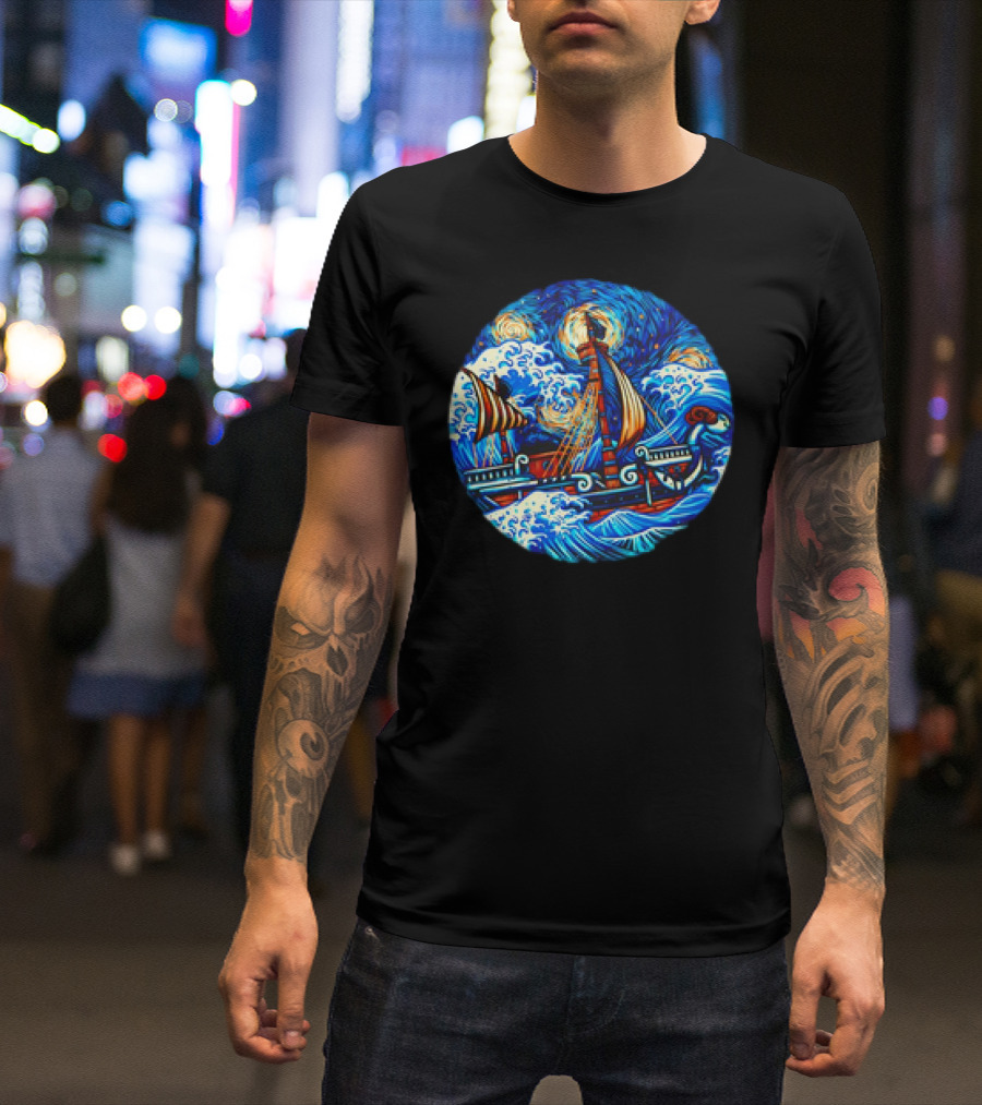 Going Merry One Piece Pirate Ship Van Gogh Wave T-Shirt