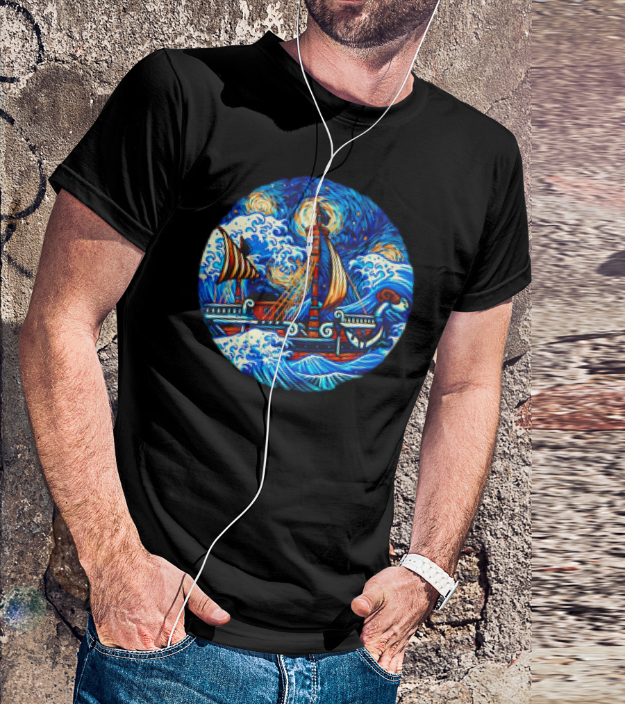 Going Merry One Piece Pirate Ship Van Gogh Wave T-Shirt