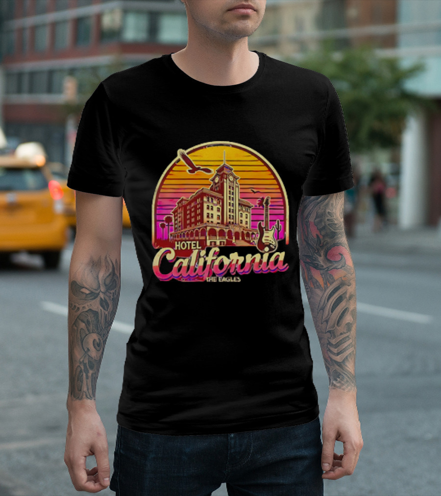 Hotel California The Eagles Sunset Art Deco Guitar and Seagulls T-Shirt