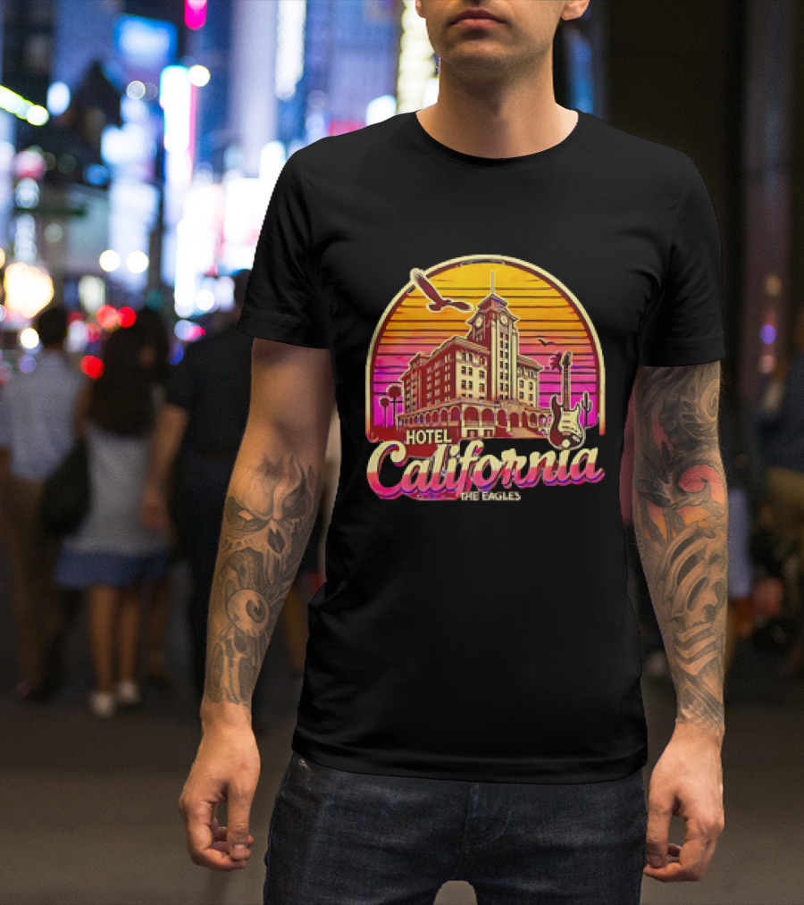 Hotel California The Eagles Sunset Art Deco Guitar And Seagulls T-Shirt