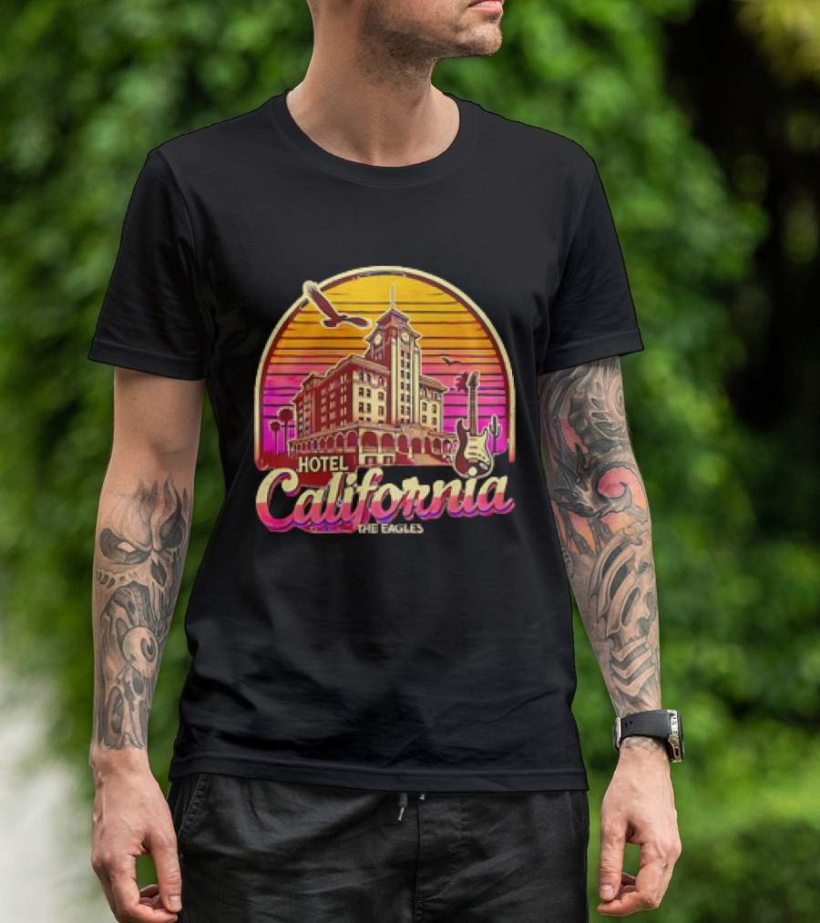 Hotel California The Eagles Sunset Art Deco Guitar And Seagulls T-Shirt