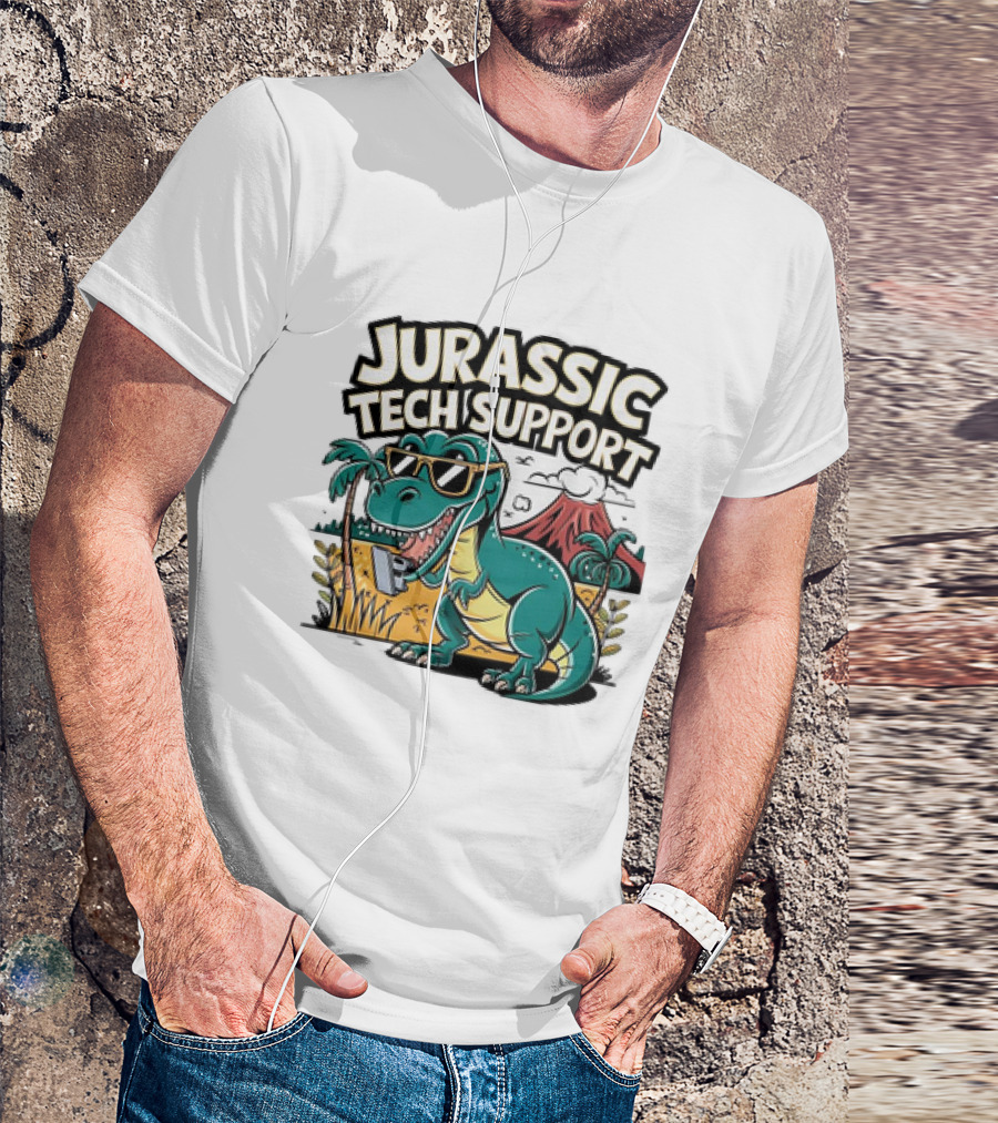 Jurassic Tech Support Dinosaur With Sunglasses And Volcano T-Shirt