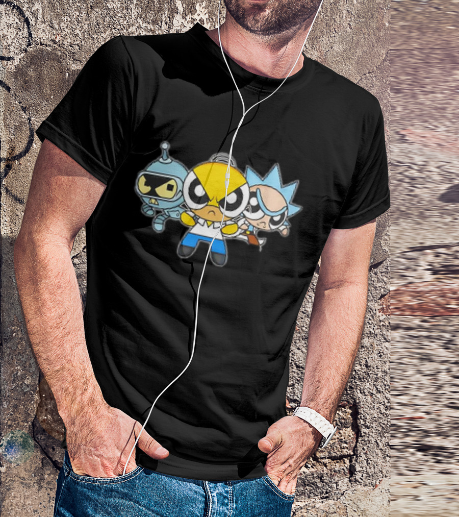 Bender Homer Rick Powerpuff Girls Drunkenpuff Guys Crossover T-Shirt