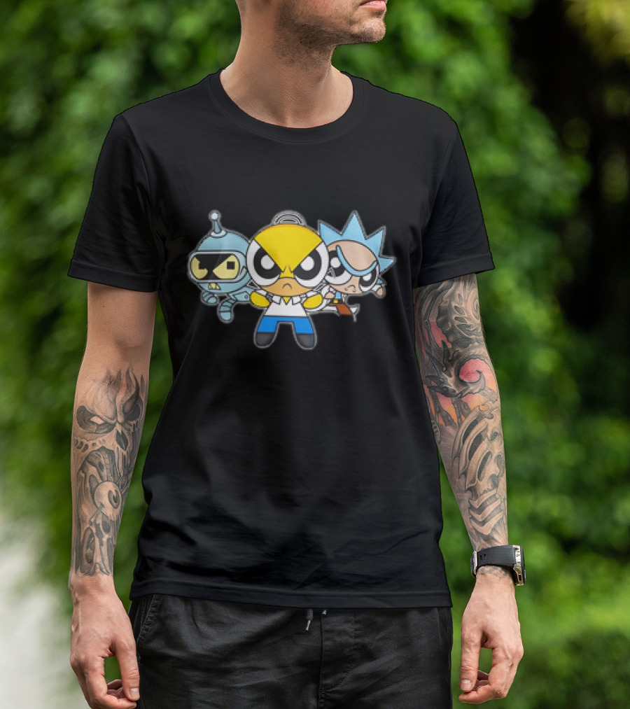 Bender Homer Rick Powerpuff Girls Drunkenpuff Guys Crossover T-Shirt