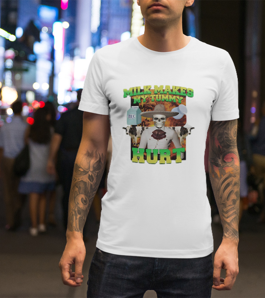 Milk Makes My Tummy Hurt Skeleton Cowboy Meme With Milk Jug And Cows T-Shirt