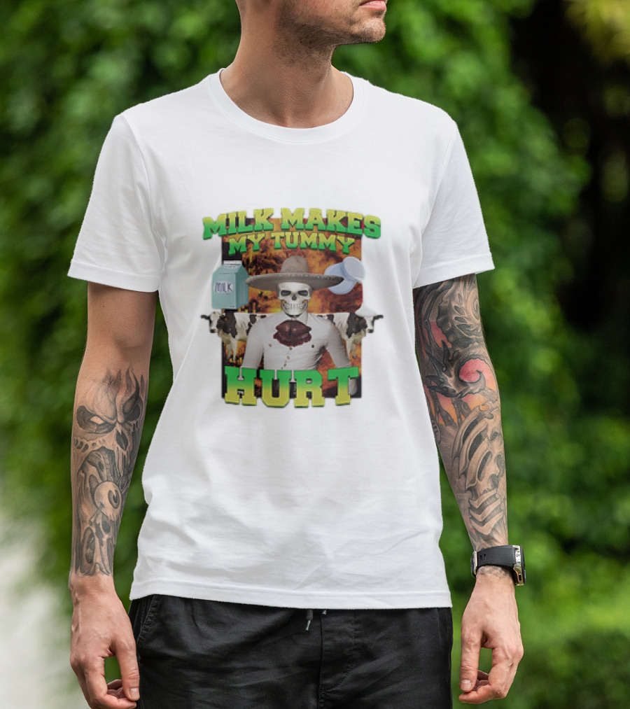 Milk Makes My Tummy Hurt Skeleton Cowboy Meme With Milk Jug And Cows T-Shirt