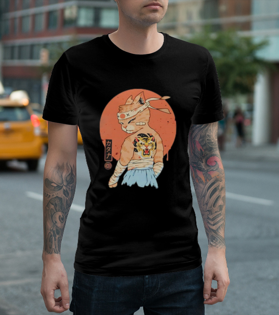 Samurai Cat Katana Battle Damage Japanese Tiger Tattoo T-Shirt