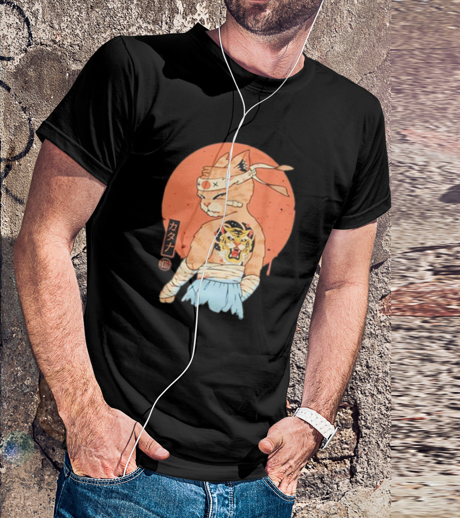 Samurai Cat Katana Battle Damage Japanese Tiger Tattoo T-Shirt