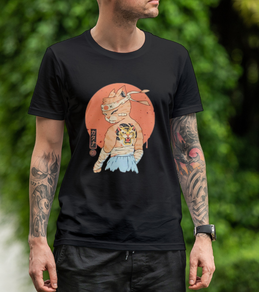 Samurai Cat Katana Battle Damage Japanese Tiger Tattoo T-Shirt