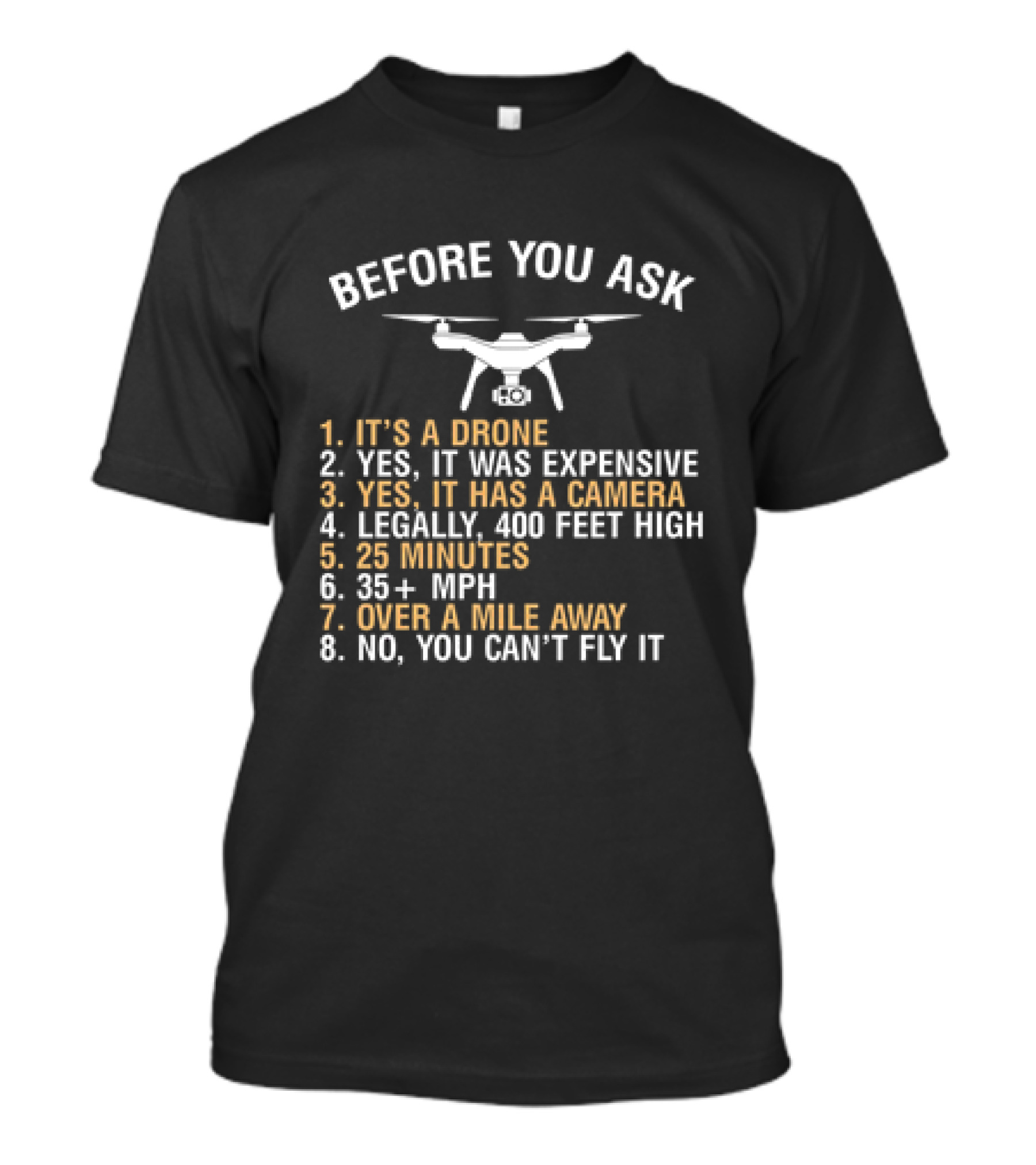 BEFORE YOU ASK IT'S A DRONE YES IT WAS EXPENSIVE YES IT HAS A CAMERA LEGALLY 400 FEET HIGH 25 MINUTES 35 PLUS MPH OVER A MILE AWAY NO YOU CAN’T FLY IT T-Shirt