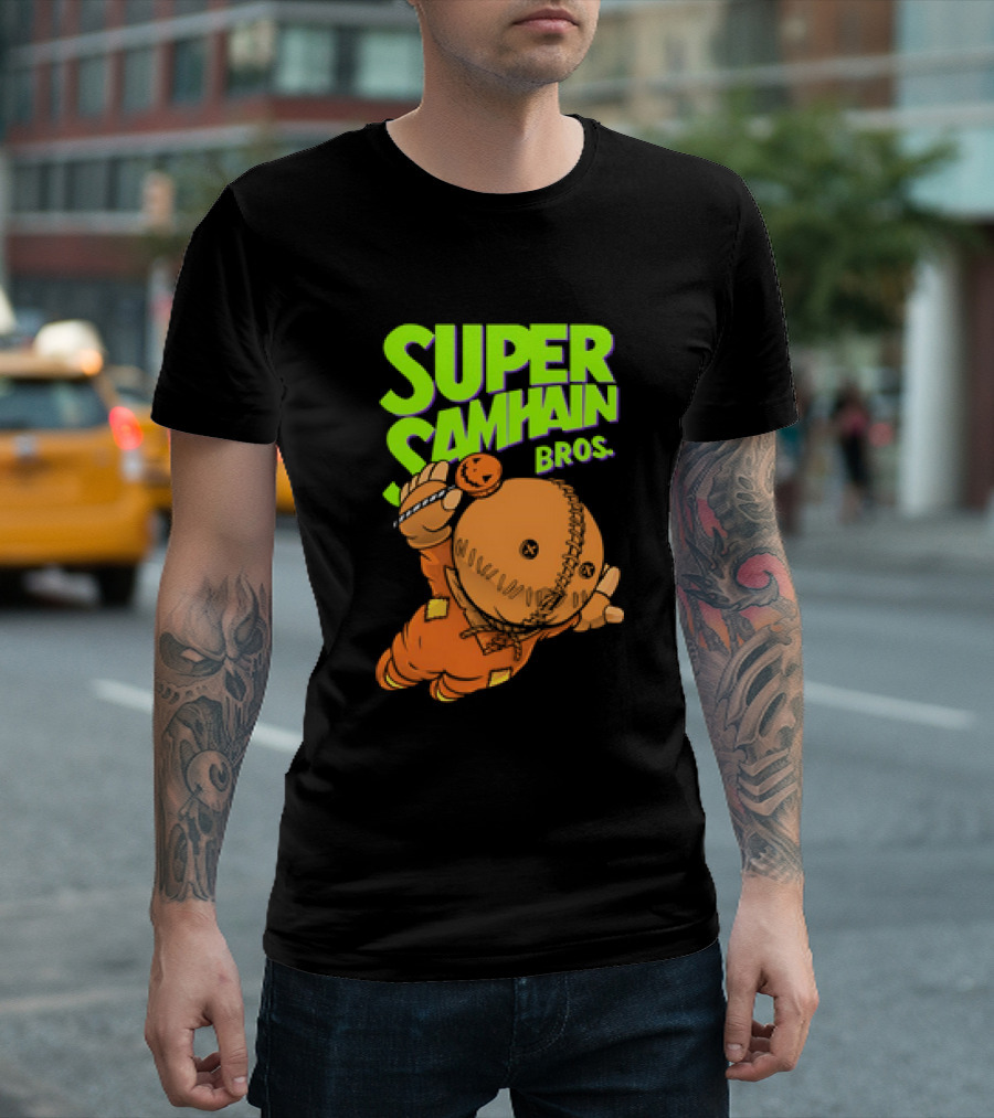 Super Samhain Bros Trick ‘r Treat Sam Icon In Pumpkin Suit With Green And Orange Highlights T-Shirt