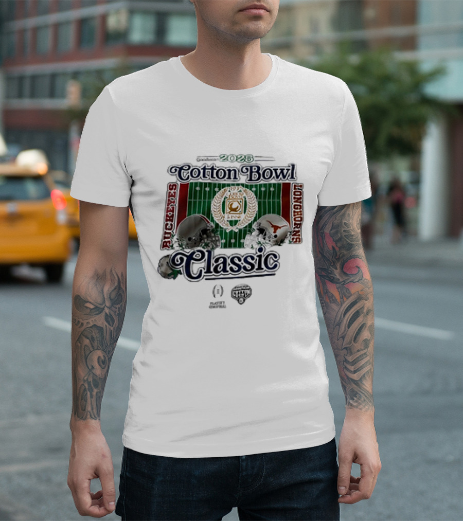 Playoff Central Ohio State Buckeyes Versus Texas Longhorns 2025 Cotton Bowl Classic Helmet Matchup T-Shirt