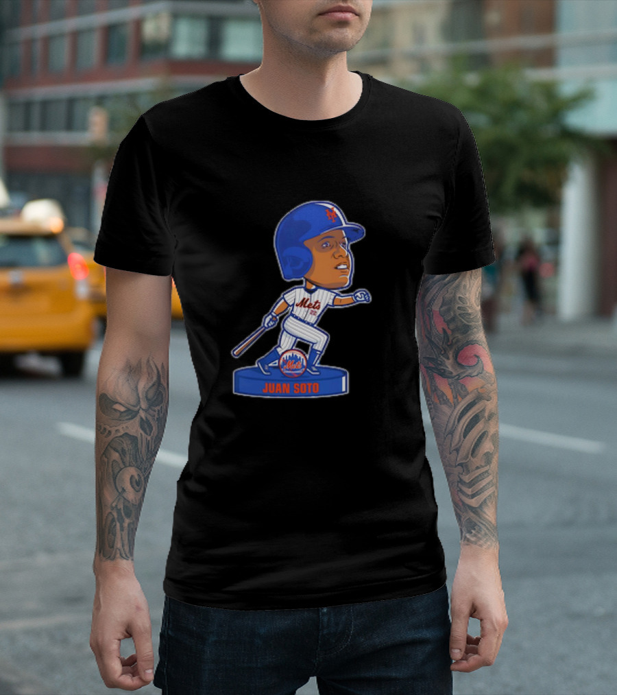 Juan Soto New York Mets Bobblehead Cartoon Mets Logo Baseball T-Shirt