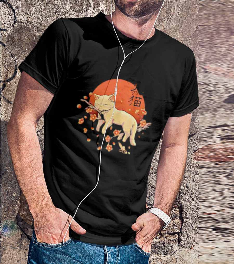 Sleeping Cat With Blossoms Under Red Sun T-Shirt
