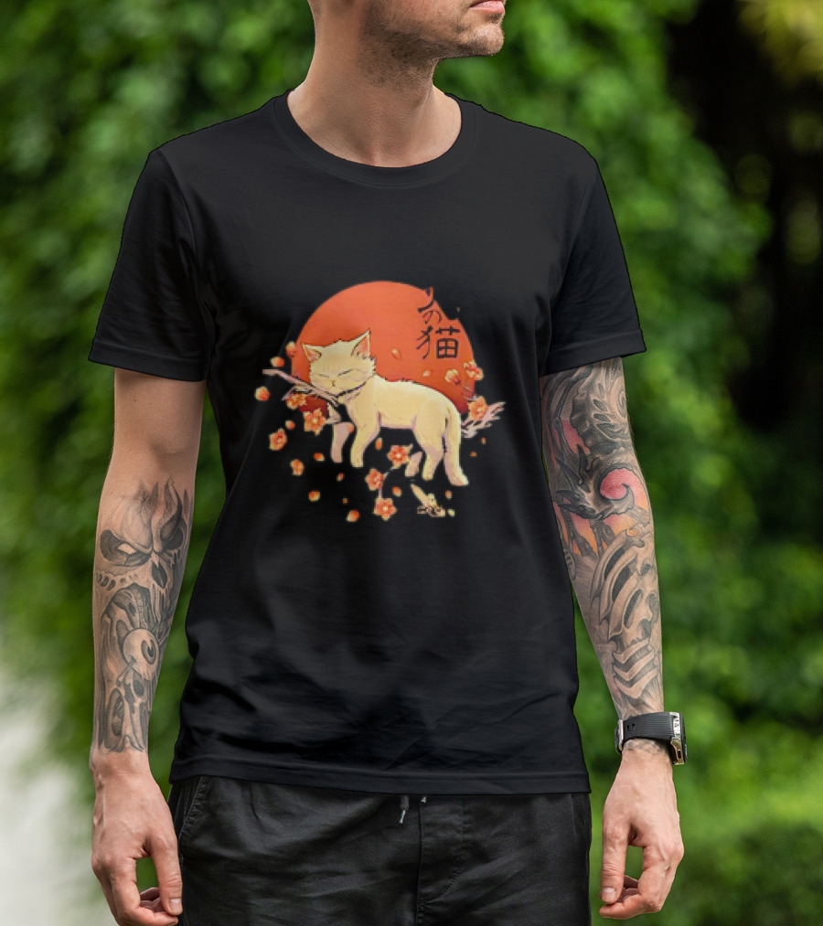 Sleeping Cat With Blossoms Under Red Sun T-Shirt