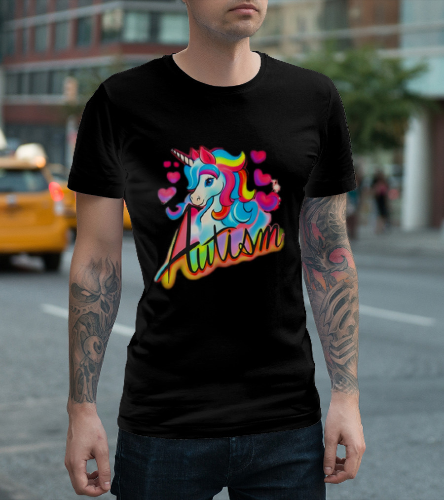 Autism Unicorn with Colorful Hearts T-Shirt
