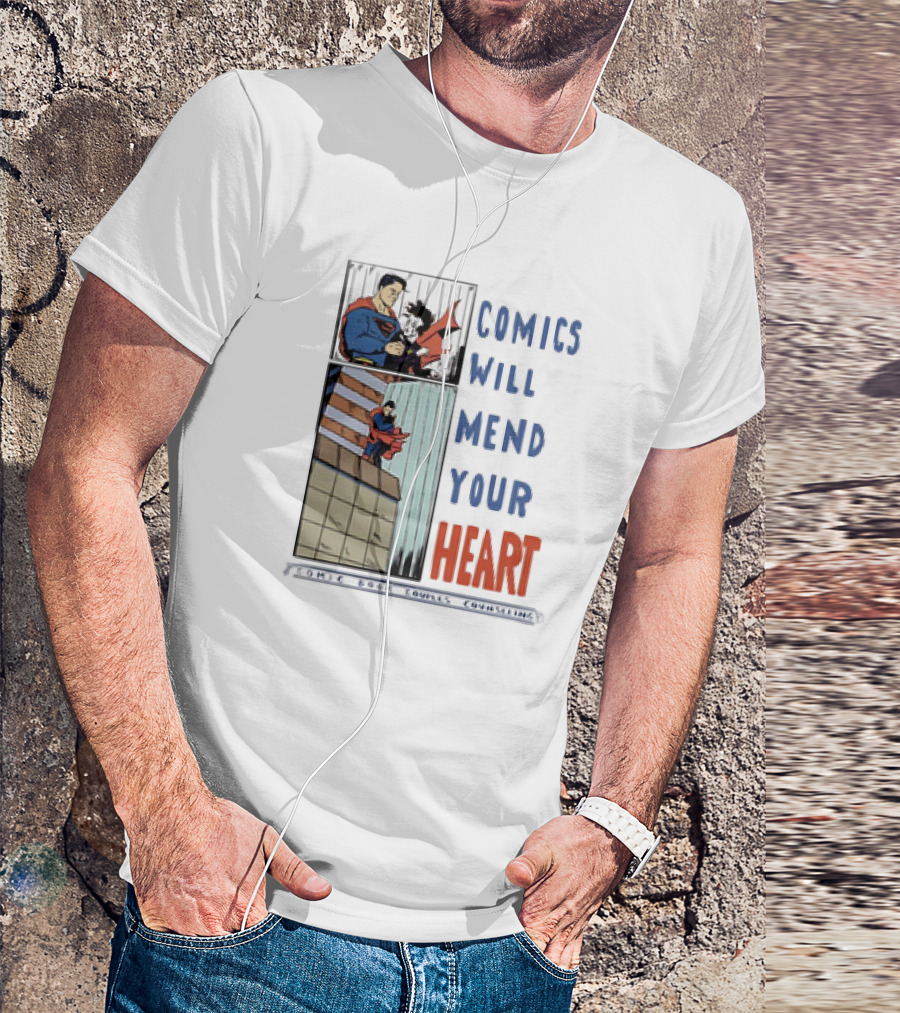 Comics Will Mend Your Heart Comic Book Couples Counseling Iconic Characters Embrace T-Shirt