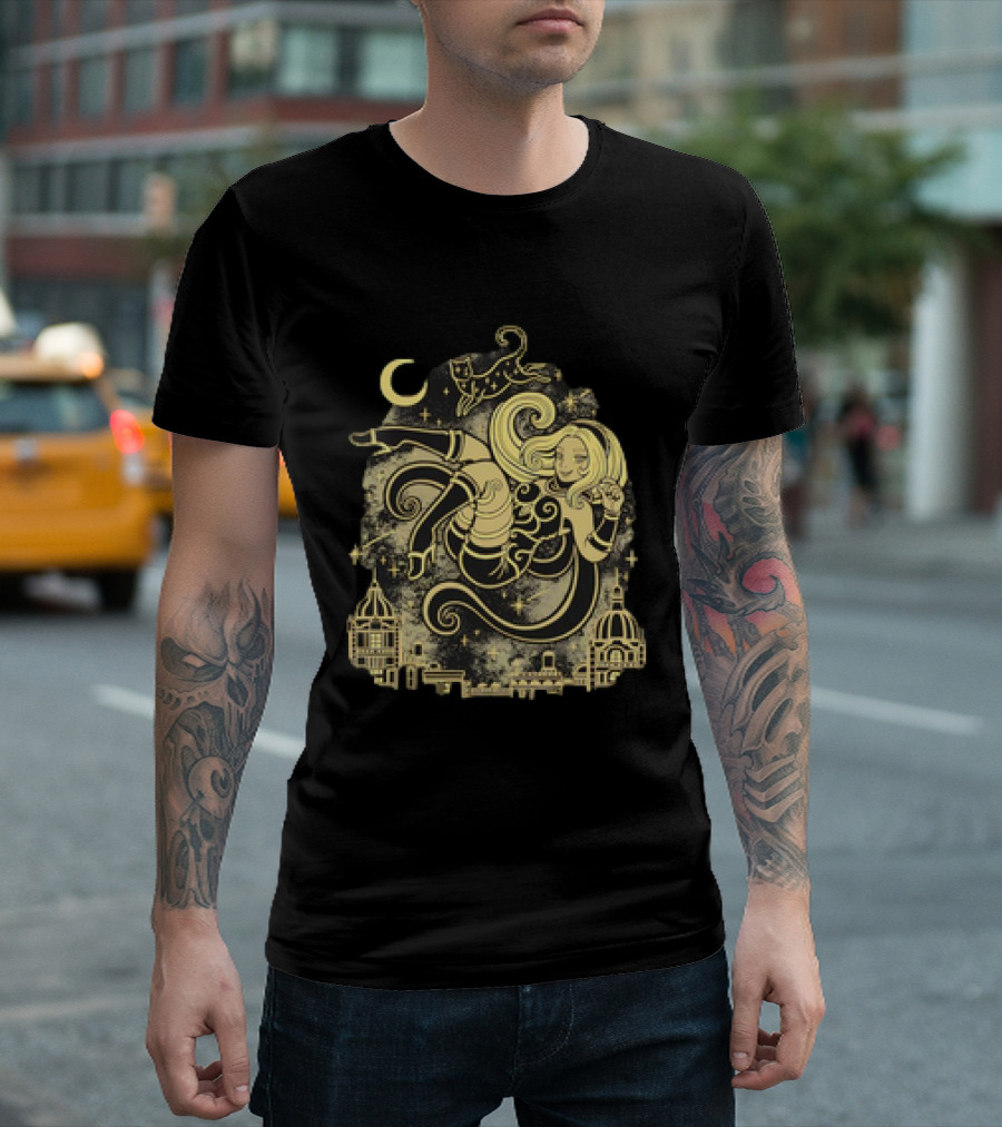 Gravity Rush Floating Cat and Girl in the Sky with Crescent Moon Cityscape T-Shirt