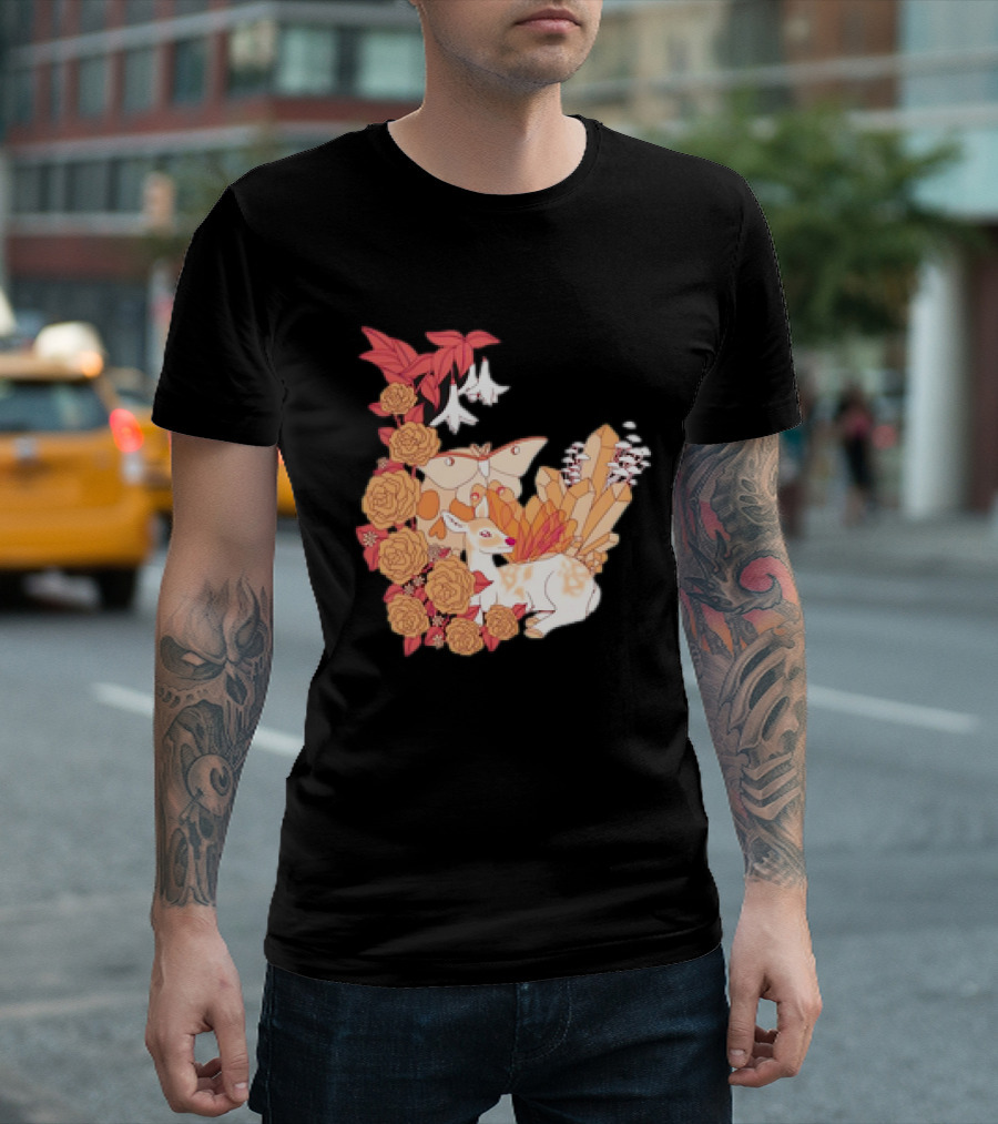 Mystical Forest Fawn Surrounded By Roses And Butterflies T-Shirt