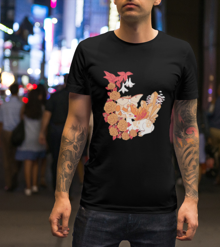 Mystical Forest Fawn Surrounded By Roses And Butterflies T-Shirt