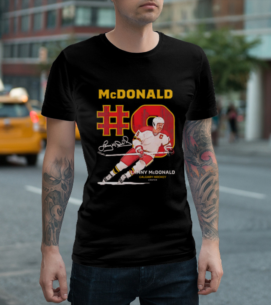 Lanny McDonald #9 Calgary Flames NHL Hockey Throwback Vintage Signature T-Shirt