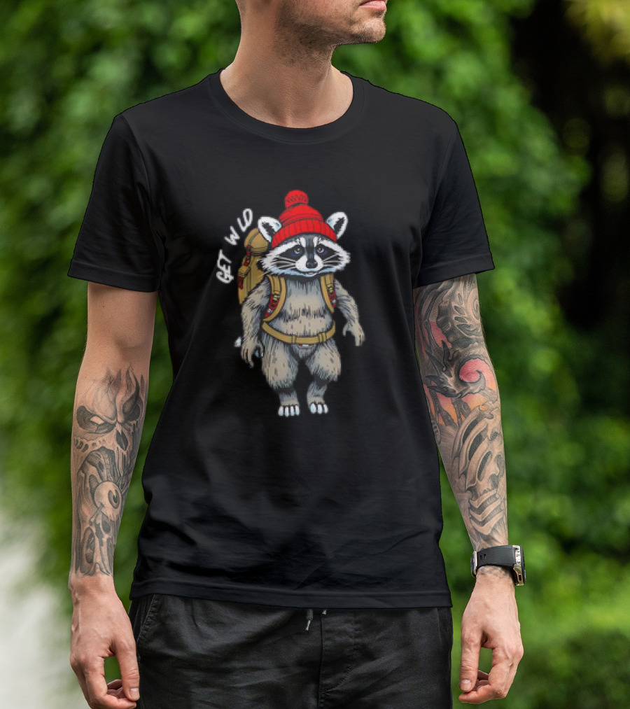 Get Wld Raccoon With Backpack And Red Beanie T-Shirt